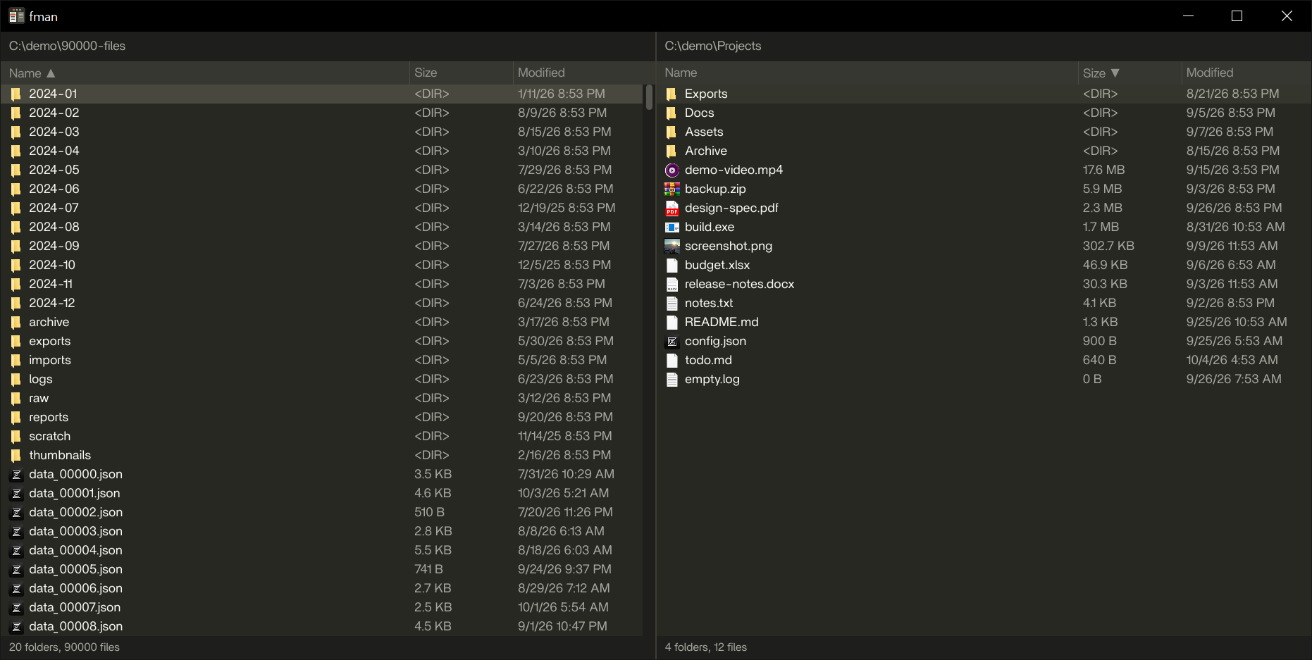 fman-rs: two panes, folders first, sizes and modified dates