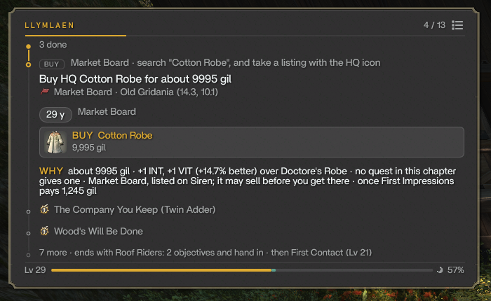 Guide card recommending a purchase with the reason