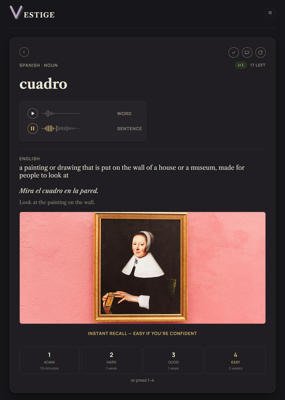 Vestige review card: word, definition, example sentence, picture and rating buttons